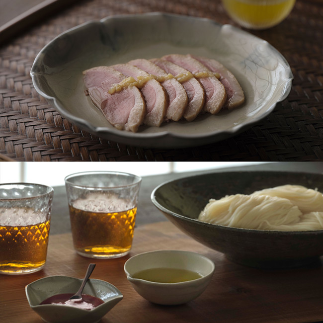 合鴨ロース 山椒香油 塩レモン・素麺 梅の香と山椒香油セット